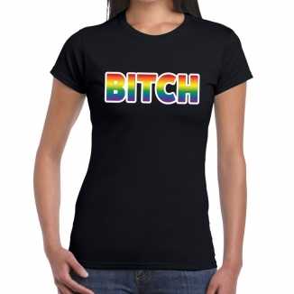 Bitch gay pride t shirt zwart dames