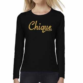 Chique goud glitter tekst t shirt long sleeve zwart dames