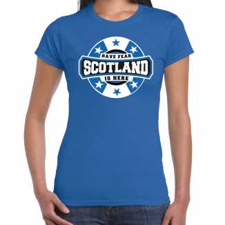 Have fear scotland is here / schotland supporter t shirt blauw dames