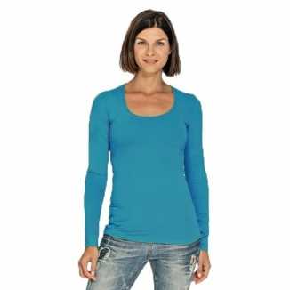 Lang dames t shirt lange mouwen turquoise ronde hals