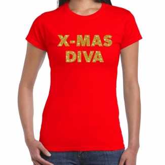 Rode foute kerst t shirt x mas diva gouden letters dames