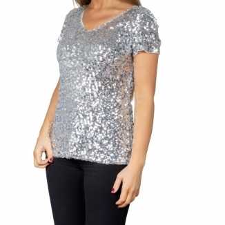 Zilveren glitter pailletten disco shirt dames