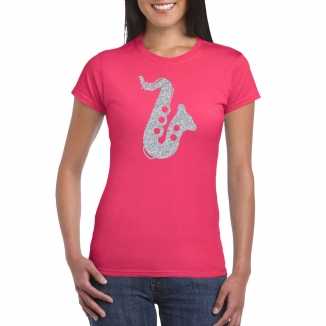 Zilveren saxofoon / muziek t shirt / kleding roze dames