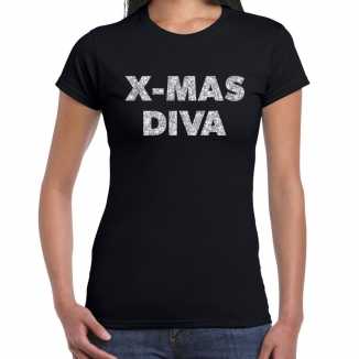 Zwarte foute kerst t shirt x mas diva zilveren letters dames