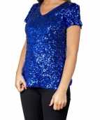 Blauwe glitter pailletten disco shirt dames
