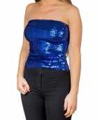 Blauwe glitter pailletten disco strapless topje shirt dames