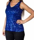 Blauwe glitter pailletten disco topje mouwloos shirt dames