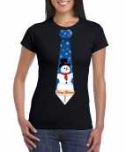 Fout kerst t-shirt zwart sneeuwpop stropdas dames