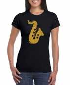 Gouden saxofoon muziek t-shirt kleding zwart dames
