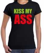 Kiss my ass fun tekst t-shirt zwart dames