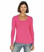 Lang dames t-shirt lange mouwen fuchsia roze ronde hals