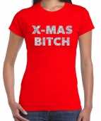 Rode foute kerst t-shirt bij mas bitch zilveren letters dames