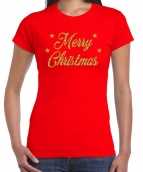 Rode foute kerst t-shirt merry christmas gouden letters dames