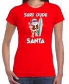Surf dude santa fun kerstshirt outfit rood dames