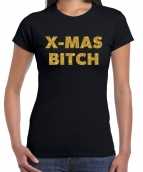 Zwarte foute kerst t-shirt bij mas bitch gouden letters dames