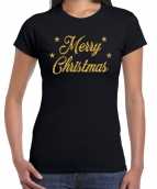 Zwarte foute kerst t-shirt merry christmas gouden letters dames
