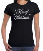 Zwarte foute kerst t-shirt merry christmas zilveren letters dames